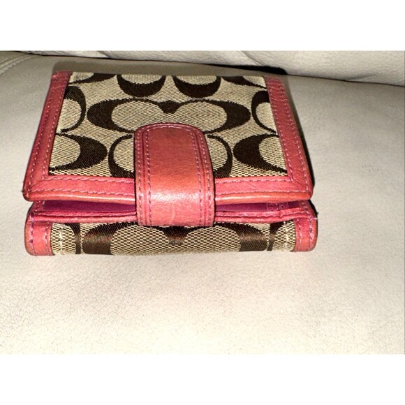 Coach Signature Canvas Tri-Fold Wallet Buckle Tab Leather Trim Brown Pink - Picture 5 of 13